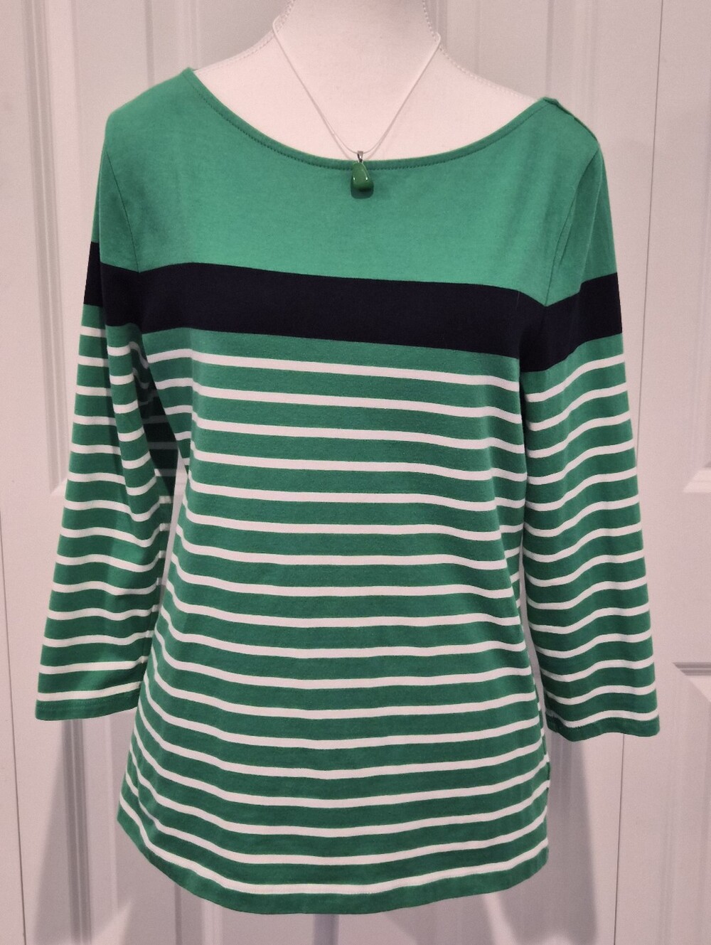 Chaps Womens Petite L Striped Green White With Navy 3/4 Sleeve Top Stretch